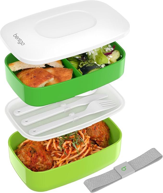 Bentgo Classic - Adult Bento Box, Stackable 3-Compartment Lunch Box with Removable Utensil Set and Sealing Strap, BPA-Free, Food Container Ideal for Meal Prep, Work, and On the Go (Green)