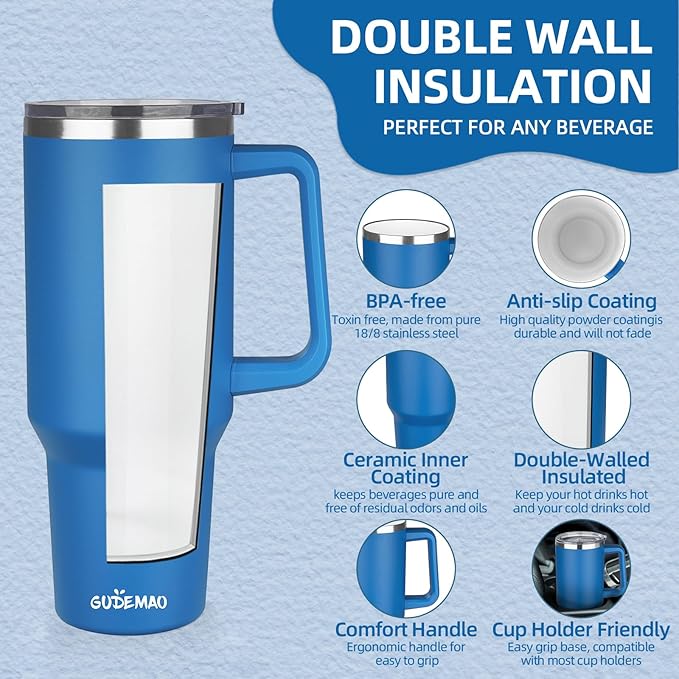 40 oz Insulated Coffee Mug with Ceramic Coating, Stainless Steel Travel Mug Tumbler with Handle Lid and Straw, Double Wall Leak-Proof Coffee Travel Mug Keeps Drink Hot and Cold (Blue)