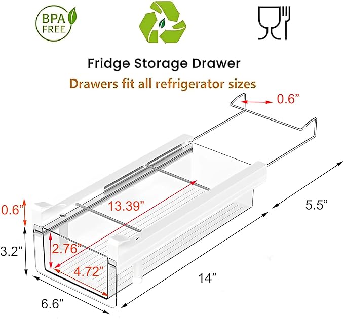 vacane Refrigerator Organizer Bins, Clear Plastic Fridge Drawer With Handle Pull Out Fridge Drawer Organizer Under Shelf Drawer For Cheese, Deli Meat, Drinks, Fruit, Vegetable, Heavy Duty-M