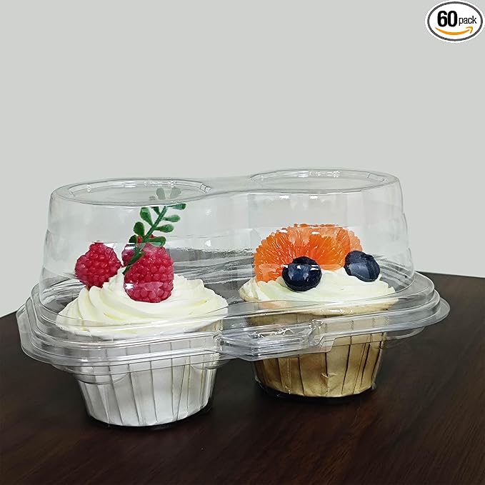 60 Pack of 2-Chamber Plastic Muffin Containers, Disposable Transparent Cupcake Container, Stackable Cake Stand, High Top Cupcake Stand For Cupcakes And Pancakes, BPA Free