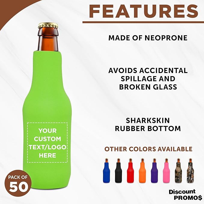 50 Neoprene Zippered Beer Bottle Coolies Pack - Customizable Text, Logo - Sharkskin Rubber Bottom - Lime Green