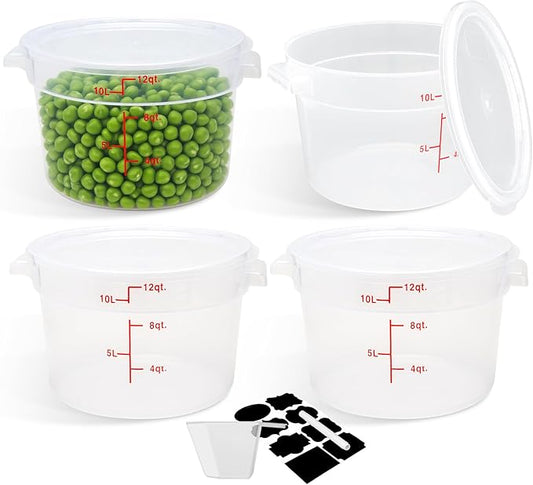 4 Pack Round Food Storage Containers with Lids, 12Qt Large Translucent, Polypropylene, BPA Free, Includes Labels & Measuring Cups