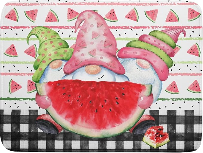 Summer Gnomes Dish Drying Mat 18x24 Inch ,Watermelon Fruit Buffalo Plaid Kitchen Dry Mats with Loop Absorbent Foldable Dishes Pad for Sink Counter Drainer Countertops Refrigerator Protector