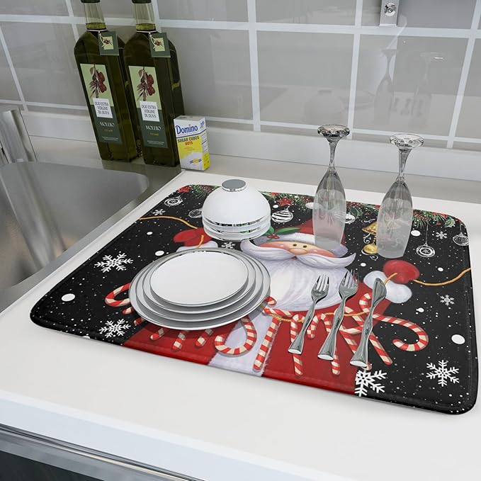 Absorbent Dish Drying Mat Santa Claus Christmas Dish Mat for Kitchen Countertops , 18 x 24 inch, Multicolor Winter Xmas Microfiber Dishes Drainer Pad Plate Holder