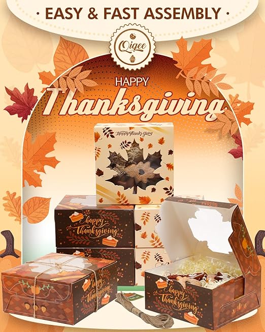qiqee Thanksgiving Bakery Box with Window 36packs 6x6x3 Gold Leaves Cookie Boxes Pastry Box for Thanksgiving Day