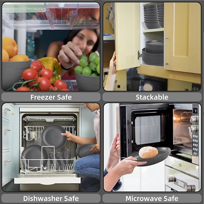 Grey Cups and Plates Sets for Kitchen Plates and Bowls Set, Dishware Sets for 8 Kids Plate Non Toxic Unbreakable and Lightweight,32pcs Halloween Plastic Dinnerware Set, Dishwasher and Microwave Safe