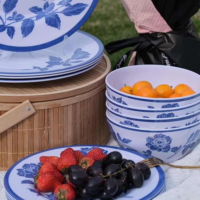 Melamine Dinnerware Set 12-Piece for 4 Dish Set Plates Bowls Unbreakable Dishware for Indoor Outdoor Use Lightweight Durable for Camping Picnics Parties light blue