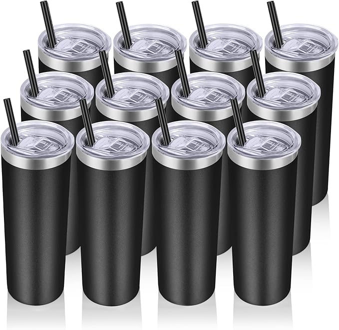 VEGOND Stainless Steel Tumblers Bulk 12 Pack, 20 oz Vacuum Insulated Skinny Tumblers with Lids and Straws, Double Wall Coffee Mug, Travel Water Cup, Black
