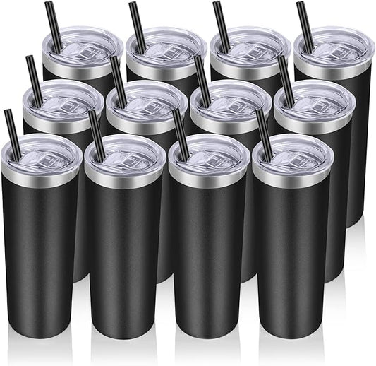 VEGOND Stainless Steel Tumblers Bulk 12 Pack, 20 oz Vacuum Insulated Skinny Tumblers with Lids and Straws, Double Wall Coffee Mug, Travel Water Cup, Black