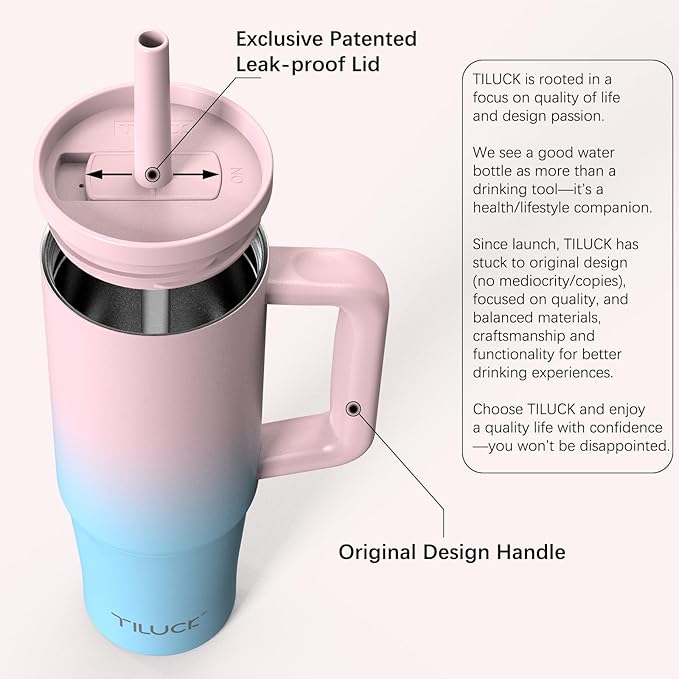 TILUCK 30 oz Tumbler with Handle, Vacuum Insulated Stainless Steel Travel Mug with 100% Leak-Proof Silicone Straw Lid, Cupholder Friendly Water Bottle(PinkBlueGradient, 30oz)