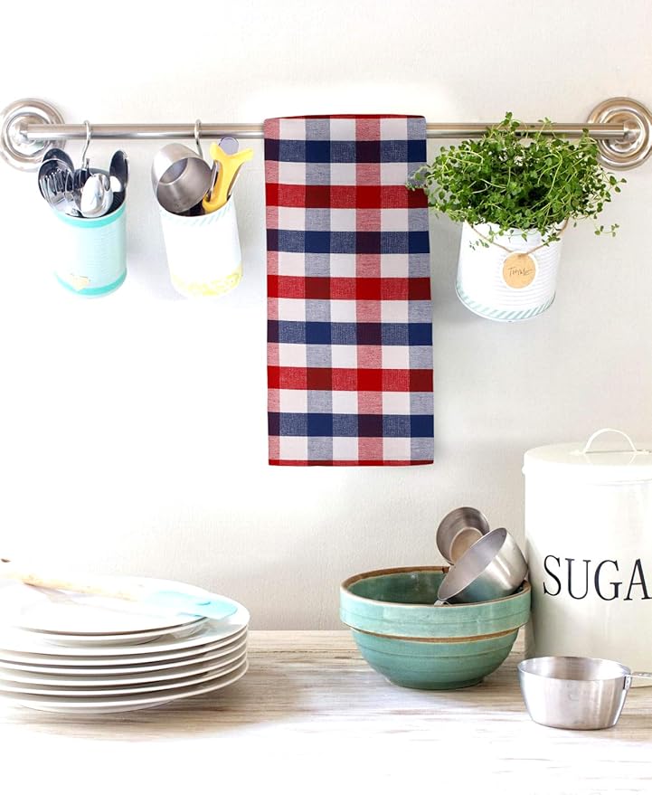 Urban Villa July 4th KitchenTowels Red/Blue/White DishTowels 100% Cotton (Set of 6) 20X30 Inches Buffalo Checks Highly Absorbent Soft Durable Reusable & Washable Kitchen Towels