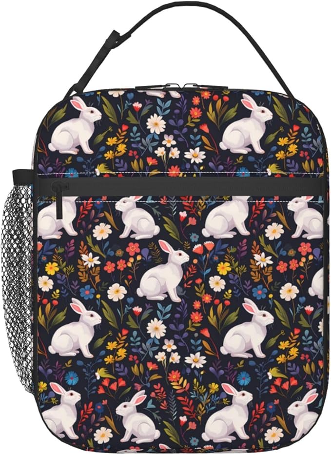 Reusable White Rabbit Lunch Box for Kids Girls Boys Women Adult, Insulated Cute Animal Lunch Bag,Polyester Cooler Handbags Case for School Picnic Work Travel Beach or Hiking (Dark)
