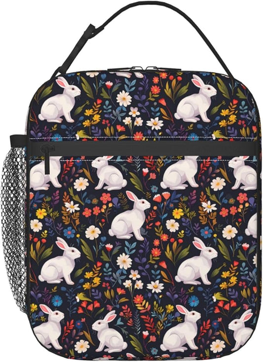 Reusable White Rabbit Lunch Box for Kids Girls Boys Women Adult, Insulated Cute Animal Lunch Bag,Polyester Cooler Handbags Case for School Picnic Work Travel Beach or Hiking (Dark)