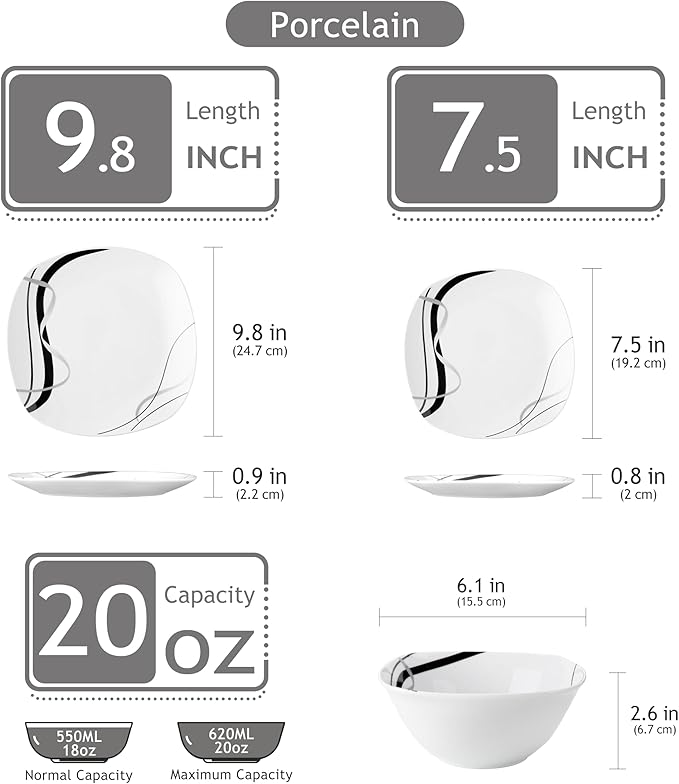 VEWEET Porcelain Dinnerware Set, 12 PCS Including Dinner Plates, Dessert Plates and Cereal Bowls, Series Fiona