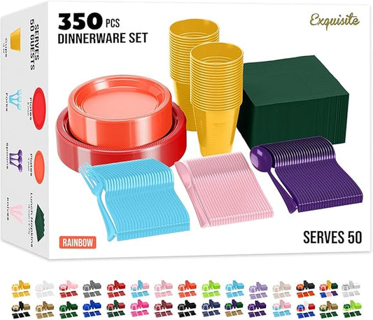 Party Solids 350 Pieces Rainbow Plastic Plates For Party, Rainbow Disposable Plates Set, 50 Of Each 9" Dinner Plate Set, 7" Dessert Plate, Cups, Napkins & Cutlery Plastic Dinnerware