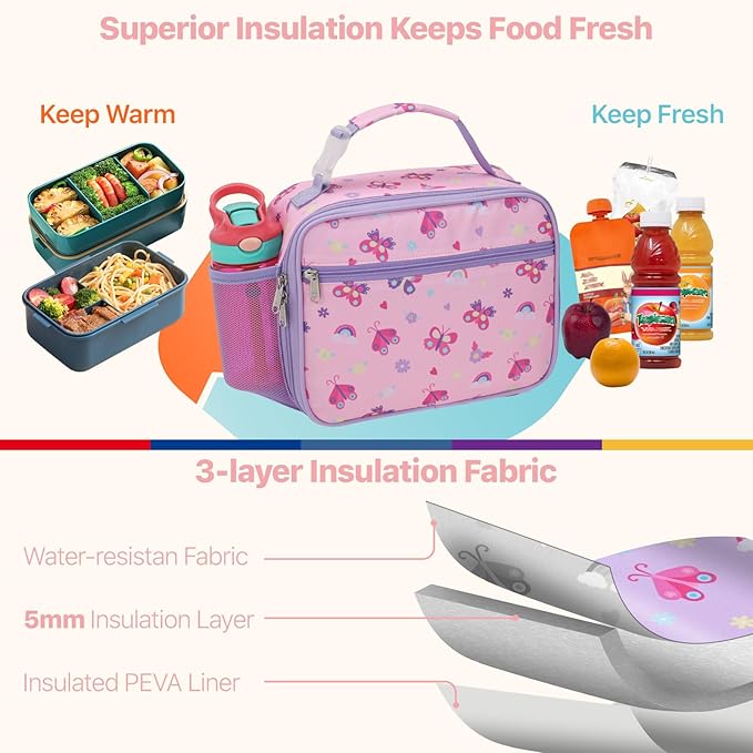 Bagseri Kids Lunch Bag for Girls - Insulated Kids Lunch Box for Daycare and School Reusable Meal Tote Bag with Water Bottle Holder, Easy-Clean Water-Resistant Fabric, Pink Butterfly