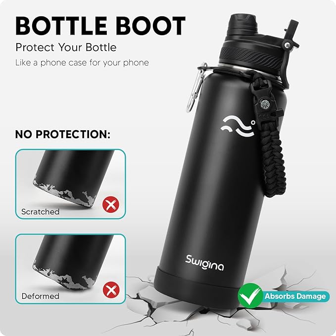 [2-IN-1 LID] Insulated Water Bottle with Silicone Boot (36hrs Cold/18hrs Hot) - DIY Stickers, Leakproof, BPA Free, 40 oz