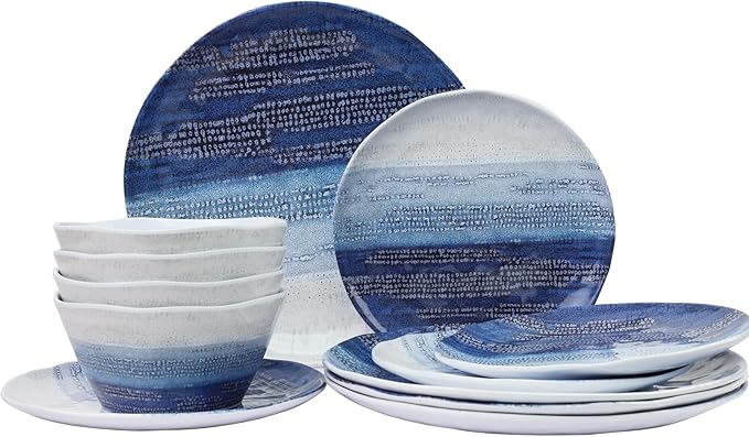 12 Piece Melamine Dishes Set for 4, Unbreakable Plates and Bowls Sets for Camping, Lightweight dinnerware set, Kind to kids, Dishwasher Safe, Ideal for RV, Sky Blue and White Retro