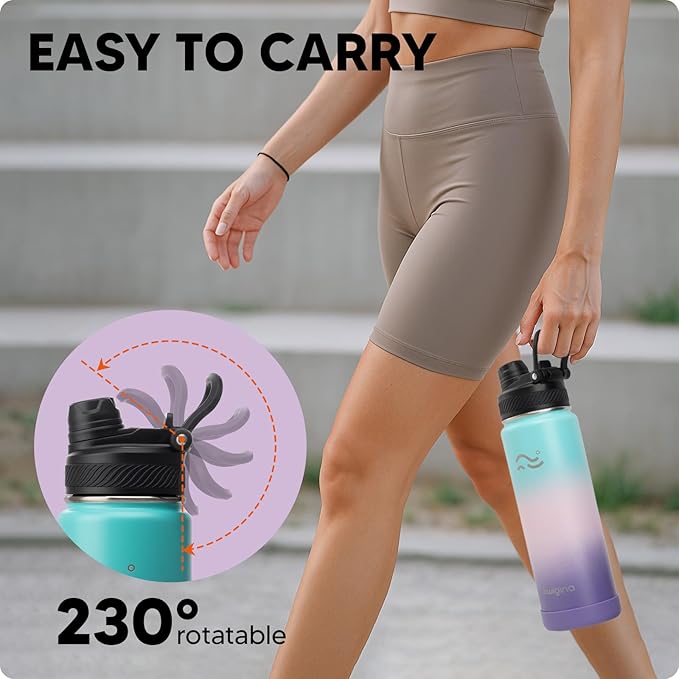 [2-IN-1 LID] Insulated Water Bottle with Silicone Boot (36hrs Cold/18hrs Hot) - DIY Stickers, Leakproof, BPA Free, 24 oz