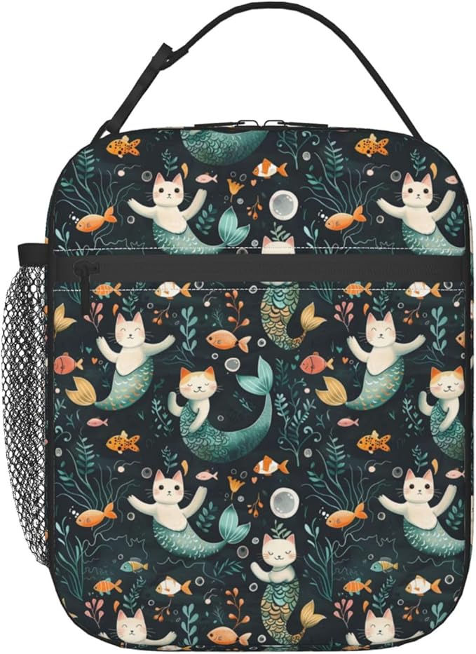 Reusable Mermaid Cat Lunch Box for Kids Girls Boys Women Adult, Insulated Cute Lunch Bag,Polyester Cooler Underwater Handbags Case for School Picnic Work Travel Beach or Hiking (Dark)