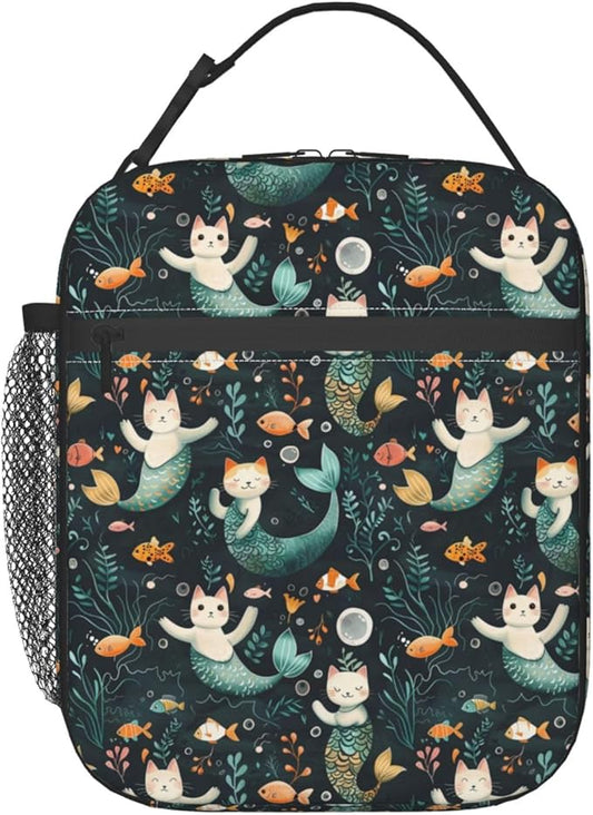 Reusable Mermaid Cat Lunch Box for Kids Girls Boys Women Adult, Insulated Cute Lunch Bag,Polyester Cooler Underwater Handbags Case for School Picnic Work Travel Beach or Hiking (Dark)