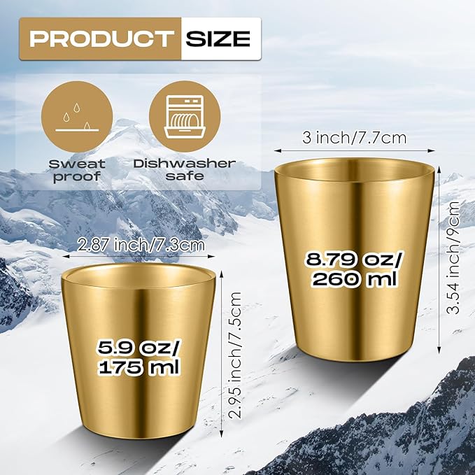 8 Pack Stainless Steel Insulated Cup Metal Tumbler Double Wall Vacuum Water Glasses Camping Reusable Mugs Bbq Home Office Party Coffee(Gold,5.9 oz)