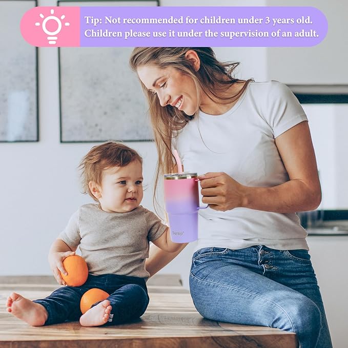 Sursip 24 oz Insulated Cup with Handle, Double Wall Vacuum Stainless Steel Tumbler with Straw and 2 Lids, For Cold/Hot Drinks, Coffee Travel Mug for Car/Home/Office/Party/Camping (Pink＆Purple-1 Pack)