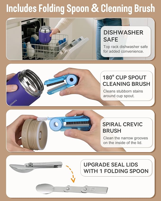 17oz Soup Thermo for Hot Food Adults Insulated Food Jar Thermo Hot Food Lunch Container Wide Mouth Stainless Steel Lunch Box for Kids with Folding Spoon Cleaning Brush Purple