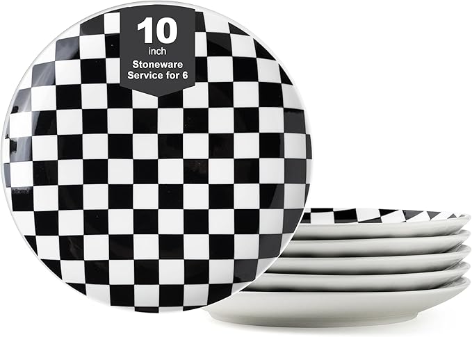 Ceramic Dinner Plates Set of 6-10 Inch Salad Plates, Black and White Checkered Porcelain Dinner Plates Microwave, Oven & Dishwasher Safe, Minimalist Porcelain Dish Set