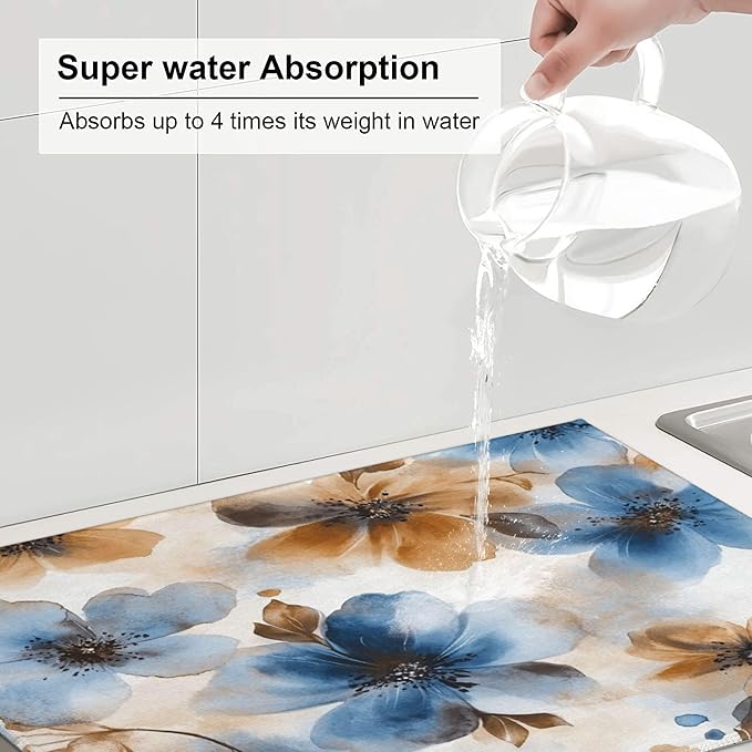 Watercolor Flowers Dish Drying Mat for Kitchen Counter Microfiber Super Absorbent Non-Slip Dish Drying Pad for Countertops Dishes Utensils Stylish Quick-Dry Machine Washable 18x24 Inch