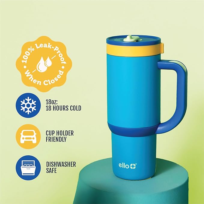 Ello Oasis 18oz Kids Tumbler with Handle & Retracting Straw, 100% Leakproof Reusable Insulated Stainless Steel Cup, Gifts for Teens Girls Boys, Keeps cold for 18 Hours, Cup Holder Friendly, Glacier