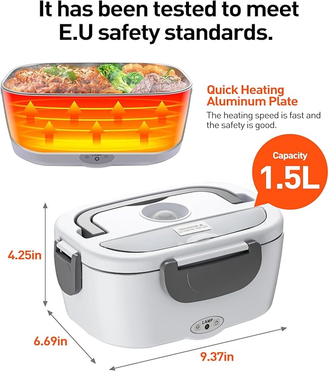 APSARAS USA Electric Lunch Box 60-80W Food Heater for Adults, 12/24/110V Portable Lunch Warmer Upgraded Heated Lunch Box for Car/Truck/Office with SS Fork&Spoon and Insulated Carry Bag (white)