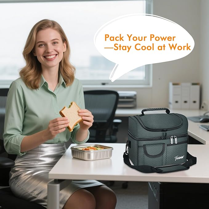 Tirrinia Reusable Lunch Box for Men Women, Insulated Lunch Bag Adult Work, Double Decker Leakproof Lunchbox for Office Picnic Beach—Dual Compartment Lunch Cooler Bag,Celadon