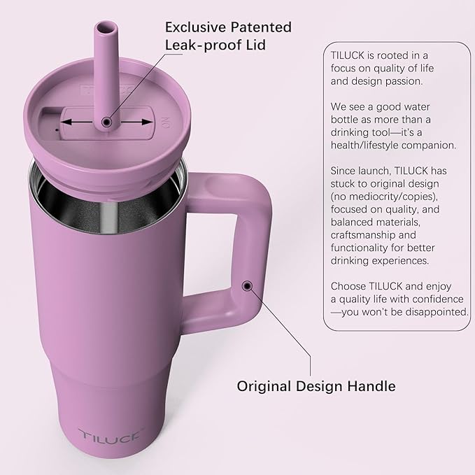 TILUCK 30 oz Tumbler with Handle, Vacuum Insulated Stainless Steel Travel Mug with 100% Leak-Proof Silicone Straw Lid, Cupholder Friendly Water Bottle(Lilac, 30oz)