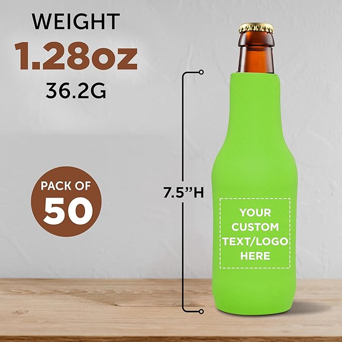 50 Neoprene Zippered Beer Bottle Coolies Pack - Customizable Text, Logo - Sharkskin Rubber Bottom - Lime Green