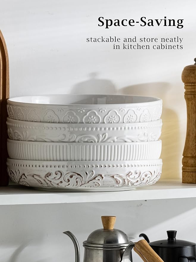 YHOSSEUN Pasta Bowls Set of 4, 50 OZ Large Salad Serving Bowls, 9.75" Pasta Plates Shallow Bowls Set, Microwave Dishwasher Safe, Antique Morning Glory