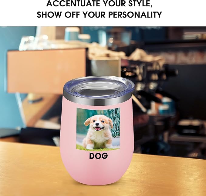 Personalized Custom Wine Tumbler Print in USA 12oz Stainless Steel Travel Coffee Cup with Lid & Straw Double Wall Insulated Mug with Colorful Text Logo Photo