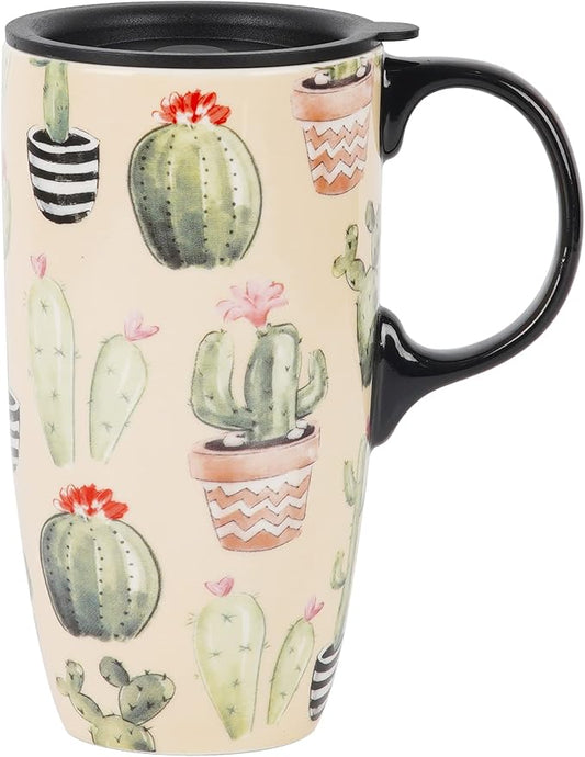 Topadorn Ceramic Mugs Porcelain Latte Tea Cup Coffee Mug with Lid and Handle Coffee Cup,17oz. Cactus