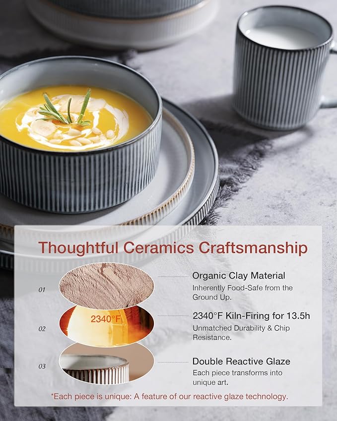 Famiware Star Dinnerware Set, Plates and Bowls Sets for 4 (12pcs), Ribbed Stoneware Dishes - Chip & Scratch Resistant, Microwave & Dishwasher Safe, Multicolor - Cappuccino White & Smoky Blue