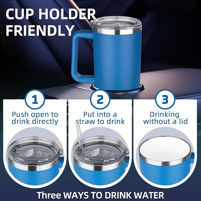 40 oz Insulated Coffee Mug with Ceramic Coating, Stainless Steel Travel Mug Tumbler with Handle Lid and Straw, Double Wall Leak-Proof Coffee Travel Mug Keeps Drink Hot and Cold (Blue)
