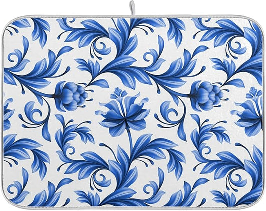 Tarity Blue Flowers White Dish Drying Mat for Kitchen Counter Absorbent Heat Resistant Microfiber Dishes Drainer Mat 18x24 in Large Dish Pad Sink Mat Protective Pad Kitchen Decor