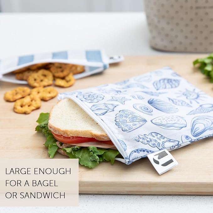 Roamio Reusable Sandwich and Snack Bags, for Kids School Lunch and for Adults Portion, Washable Fabric, Waterproof Cloth Zip Bag, Travel Pouch, Food-Safe, Large 2-pk Nautical Stripe and Blue Shells
