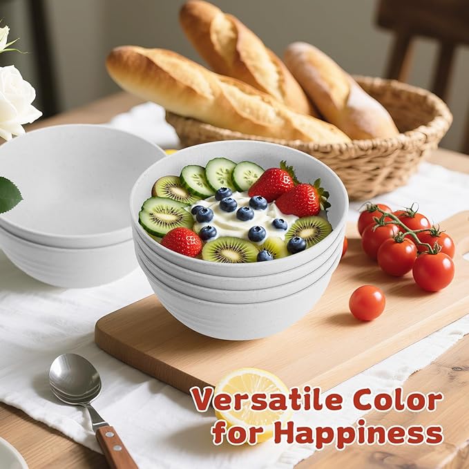 Wrova Wheat Straw Camping Bowls Sets of 6,Unbreakable 26oz Lightweight Bowls Sets for Outdoors Activity,Breakfast Bowls for Cereal and Salad.White Series