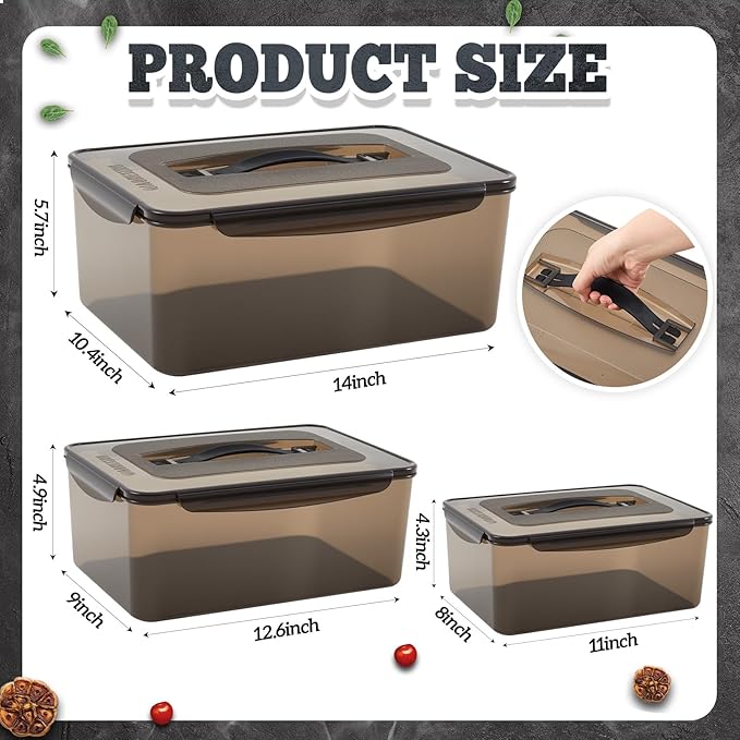 3 Pcs Marinating Containers with Lid 12.5, 8.3, 6.5 Quart Plastic Food Brining Containers Dishwasher Safe Grilling Accessories for Meat Chicken Turkey Rib BBQ Prep Storage