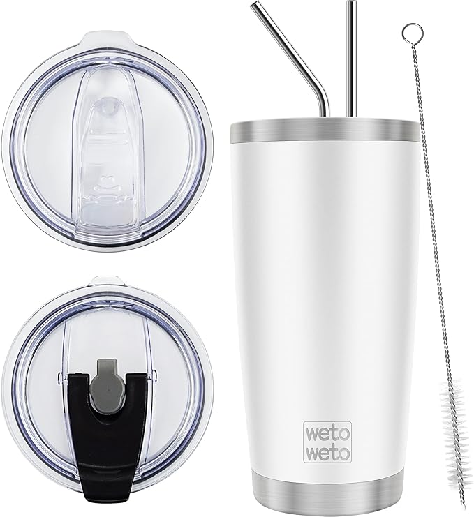 WETOWETO 20oz Tumbler with 2 lids and 2 straws, Stainless Steel Vacuum Insulated Water Coffee Tumbler Cup, Double Wall Powder Coated Spill-Proof Travel Mug Thermal Cup (White, 1 Pack)