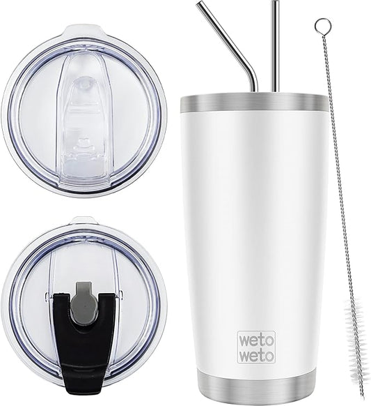 WETOWETO 20oz Tumbler with 2 lids and 2 straws, Stainless Steel Vacuum Insulated Water Coffee Tumbler Cup, Double Wall Powder Coated Spill-Proof Travel Mug Thermal Cup (White, 1 Pack)