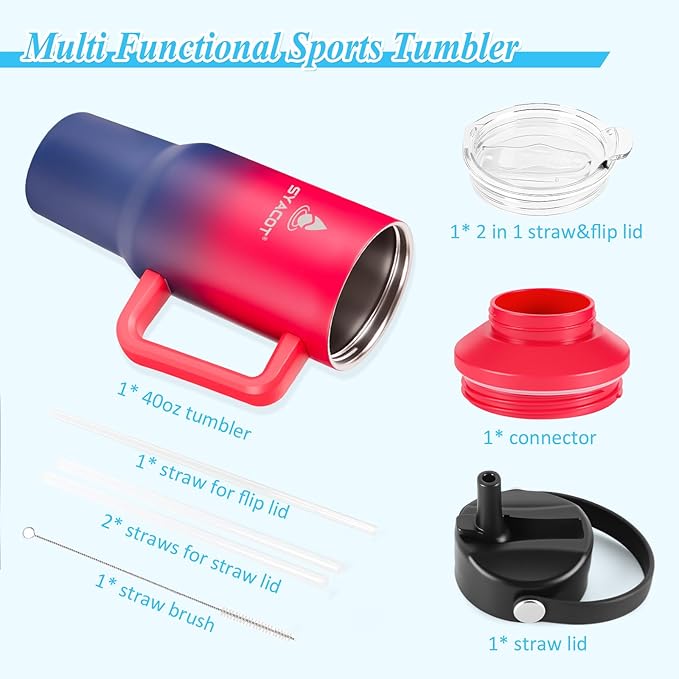 40 oz Tumbler with Handle and Straw or Convert to 40 oz Insulated Water Bottle Fits in Cup Holder. Stainless Steel Metal Water Flask with 2 Lids for Travel,Camping,Gym Sports Coffee Mug Thermal Cup