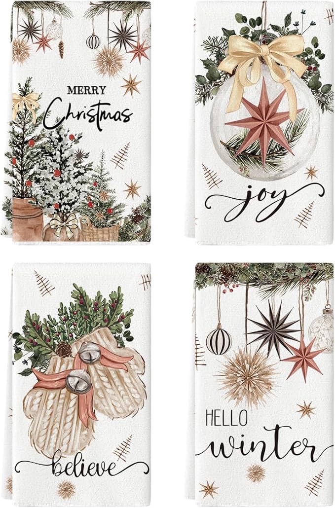 Artoid Mode Beige Xmas Tree Merry Christmas Kitchen Towels Dish Towels, 18x26 Inch Holiday Gloves Ball Hello Winter Decoration Hand Towels Set of 4