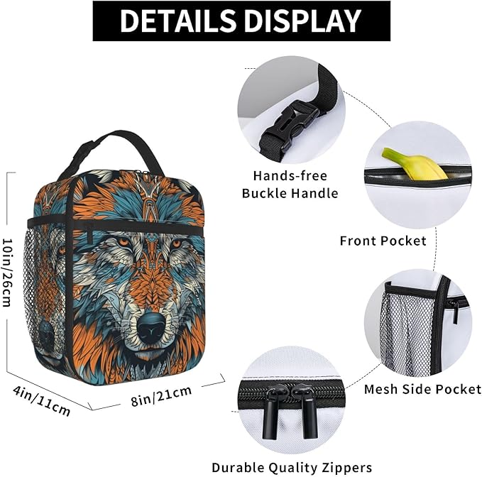 Wolf Lunch Box for Women Men, Insulated Lunch Box Reusable Portable Lunch Bag Cooler Tote Waterproof Lunch Container for Office Picnic Work Travel