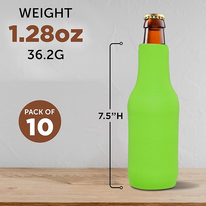 10 Neoprene Zippered Beer Bottle Coolies Pack - Sharkskin Rubber Bottom - Lime Green